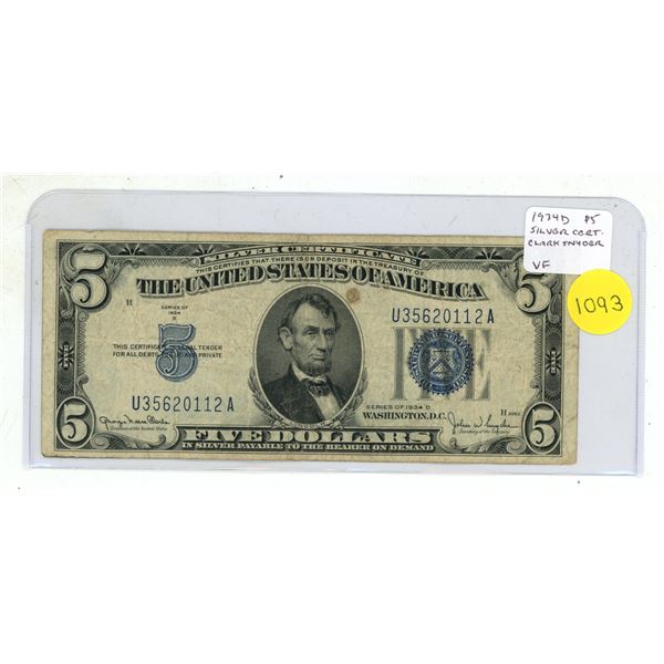 U.S. 1934D $5 Silver Certificate. Abraham Lincoln. Blue Seal. At one time, you could go to your bank