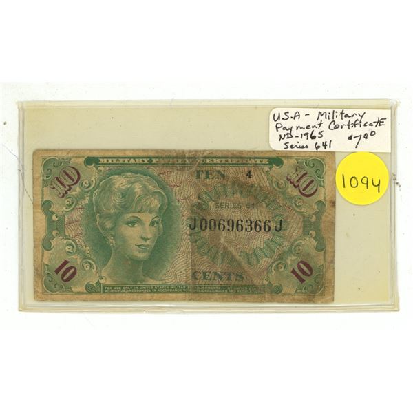 U.S. 10 Cents Military Payment Certificate. Series 641. Used in American PXs around the world. Fine.
