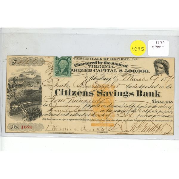 U.S. Certificate of Deposit 1871 $400 from Citizens’ Savings Bank in Virginia. VF.