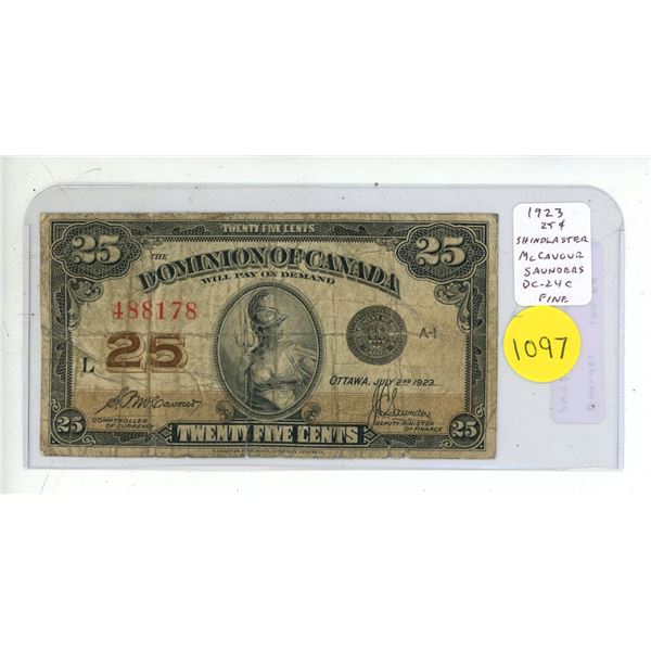1923 25 Cents Shinplaster. McCavour-Saunders signatures. DC-24c. Fine-12.