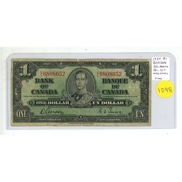 1937 $1. Gordon-Towers signatures. Wide Signature Panel. E/L Prefix. BC-21c. Fine-12.