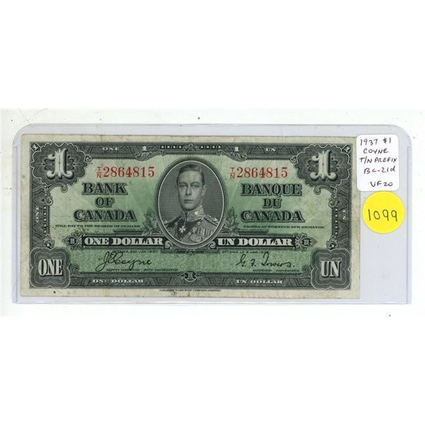 1937 $1. Coyne-Towers signatures. T/N Prefix. BC-21d. VF-20.