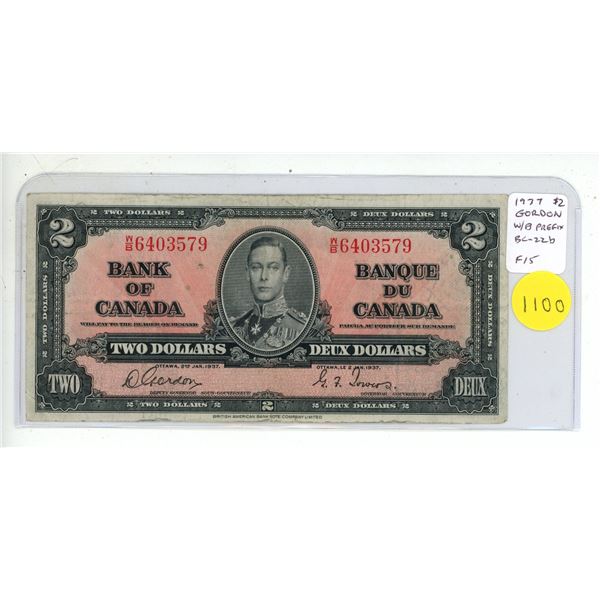 1937 $2. Gordon-Towers signatures. W/B Prefix. BC-22b. F15.