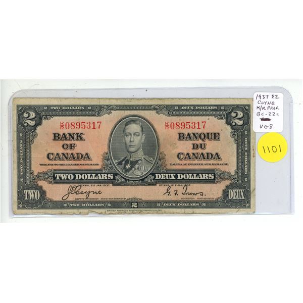 1937 $2. Coyne-Towers signatures. K/R Prefix. BC-22c. VG8.