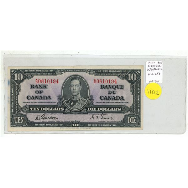 1937 $10. Gordon-Towers signatures. X/D Prefix. BC-24b. VF30.