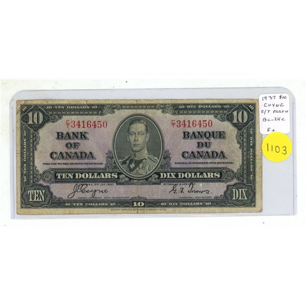 1937 $10 Coyne-Towers signatures. C/T Prefix. BC-24c. F15.