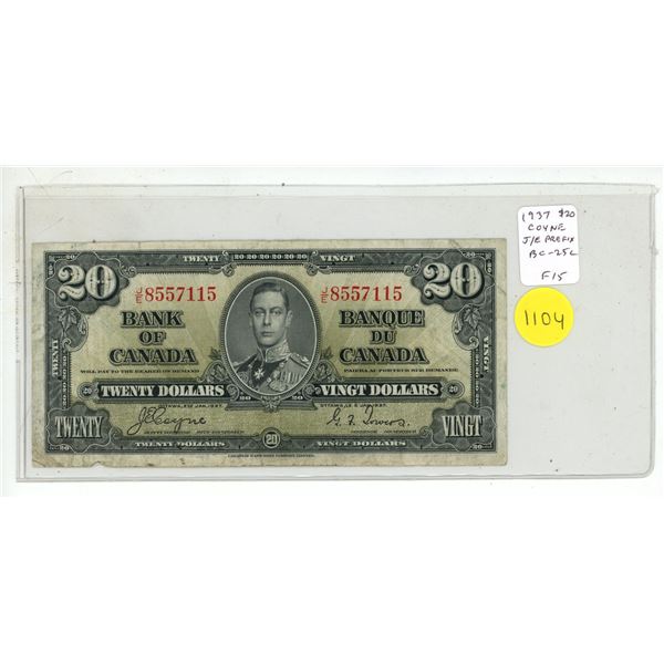 1937 $20. Coyne-Towers signatures. J/E Prefix. BC-25c. F15.