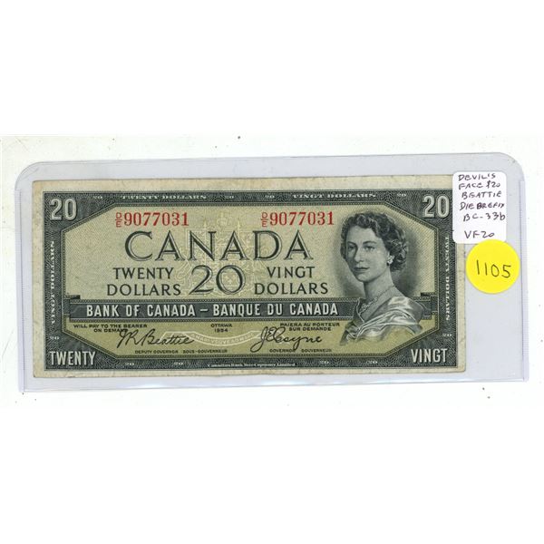 1937 $20 Devil’s Face. Beattie-Coyne signatures. D/E Prefix. BC-33b. VF20.