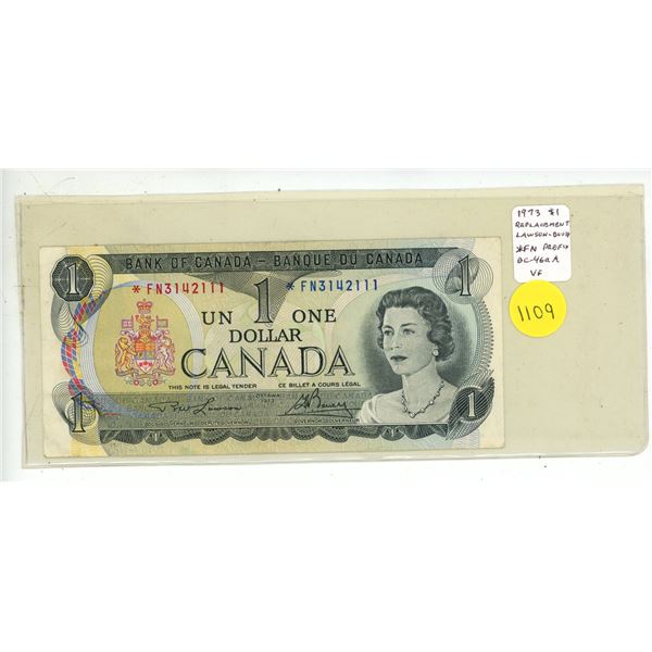 1973 $1 Replacement. Lawson-Bouey signatures. *FN Replacement Prefix. BC-46aA. VF20.