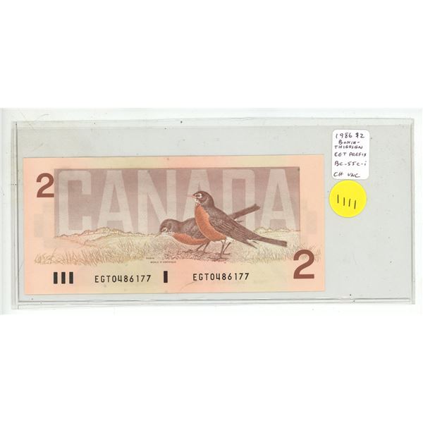 1986 $2. Bonin-Thiessen signatures. EGT Prefix. BC-55c-i. Choice Uncirculated.