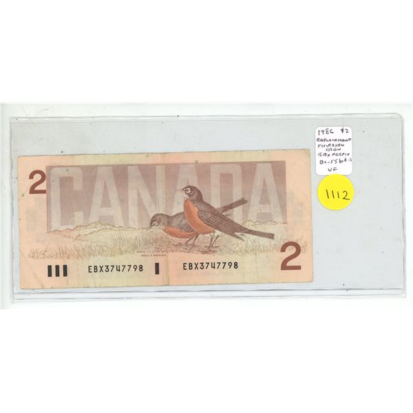 1986 $2 Replacement. Thiessen-Crow signatures. EBX Replacement Prefix. BC-55bA-i. VF20.