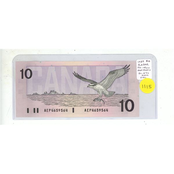 1989 $10 RADAR. Thiessen-Crow signatures. AEP Prefix. RADAR Serial Number 4659564. BC-57a. Uncircula