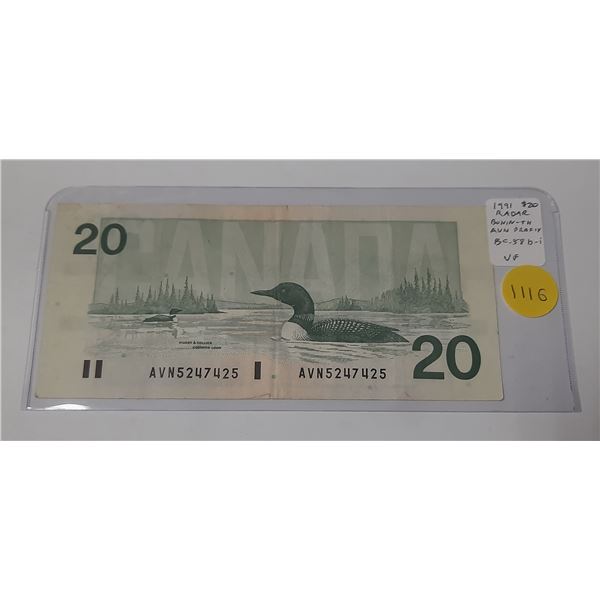 1991 $20 RADAR. Bonin-Thiessen signatures. AVN Prefix. RADAR Serial Number 5247425. BC-58b-i. VF20. 