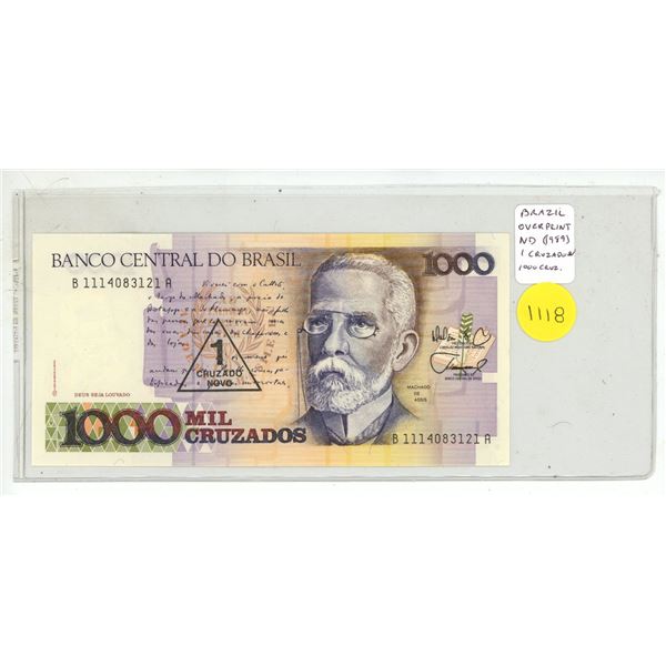 Brazil. Central Bank of Brazil. ND (1989) 1 Cruzado Novo Overprint on 100 Cruzados note. Uncirculate
