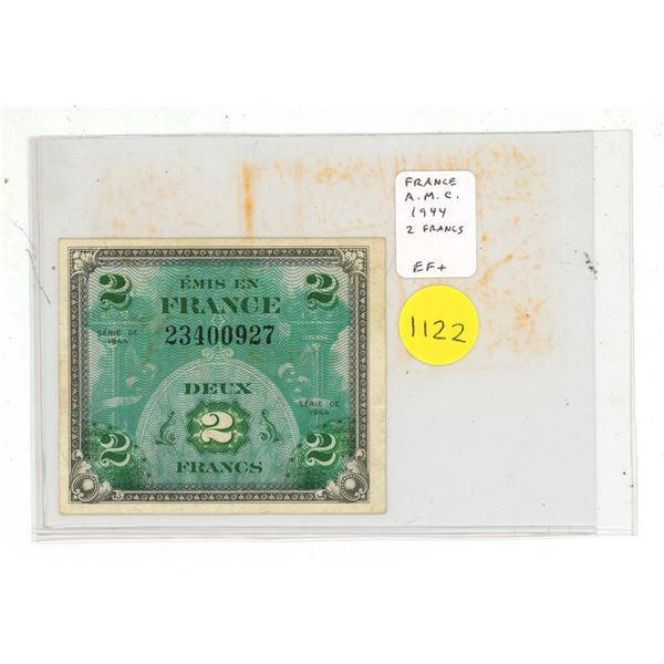 France. Allied Military Currency 1944 2 Francs. EF+.