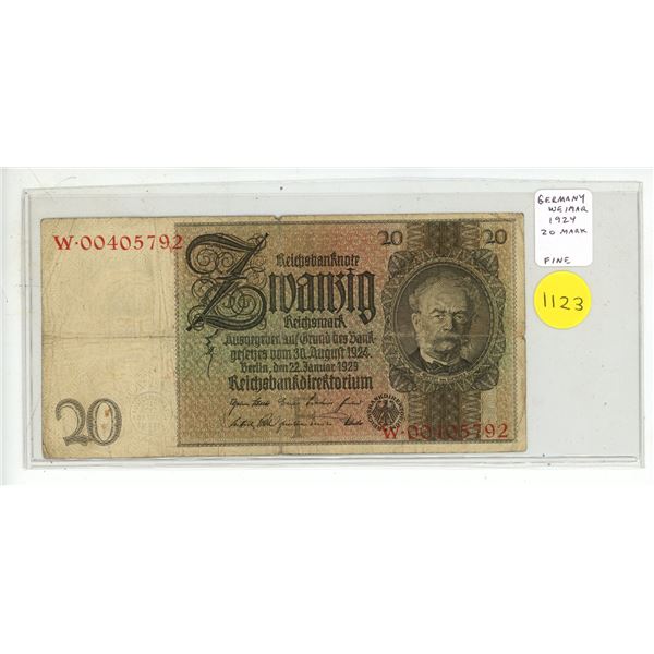 Germany – Weimar Republic. 1924 20 Mark. Fine.