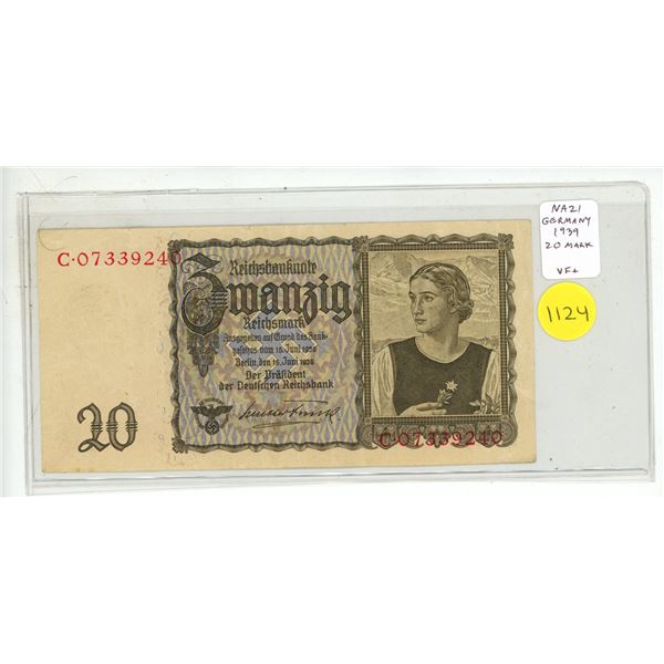 Nazi Germany. 1939 20 Mark. Eagle with Swastika. VF+.