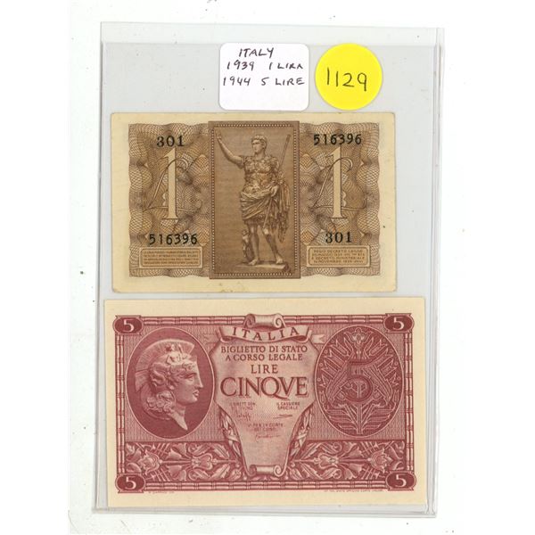 Set of 2 Italian notes issued under Mussolini. 1939 1 Lira and 1944 5 Lire. VF+.