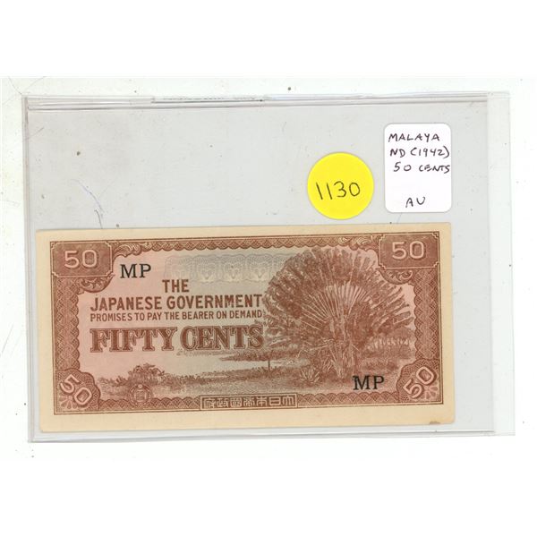 Malaya. Japanese Invasion Money. ND (1942) 50 Cents. AU.