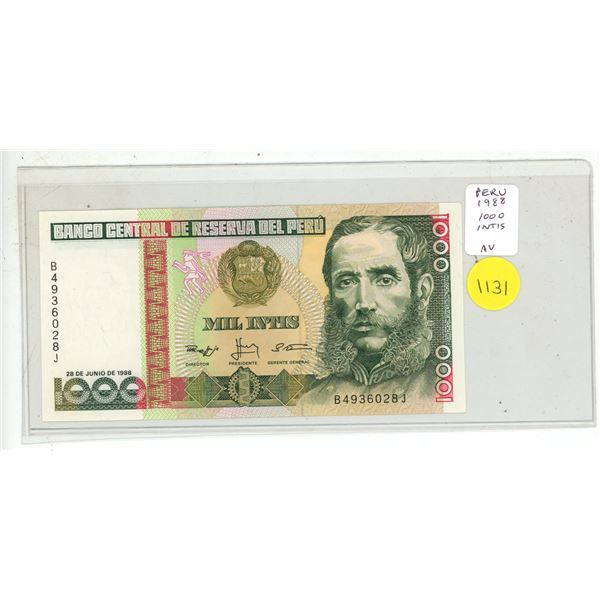 Peru. Central Reserve Bank of Peru. 1988 1000 Intis. AU.
