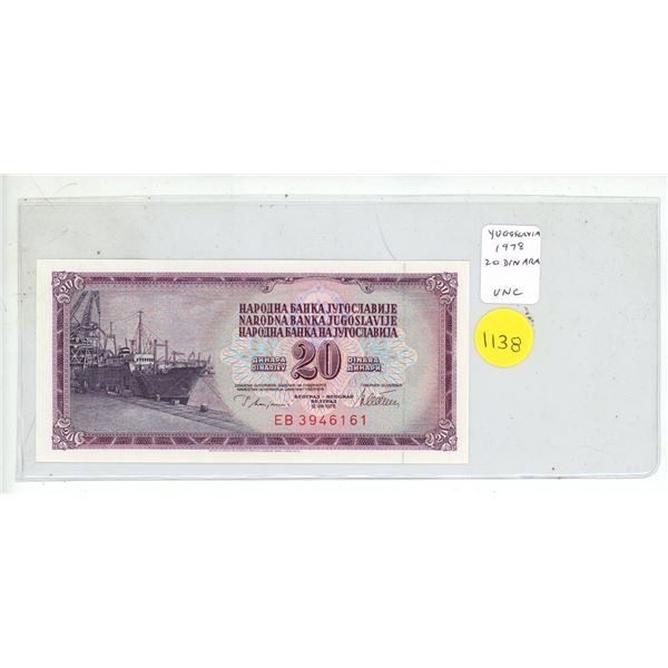 Yugoslavia. 1978 20 Dinara. Uncirculated.