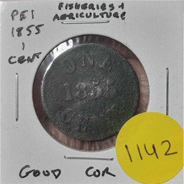 Prince Edward Island. 1855 1 Cent Fisheries and Agriculture Pre-Confederation Token. Good with Corro