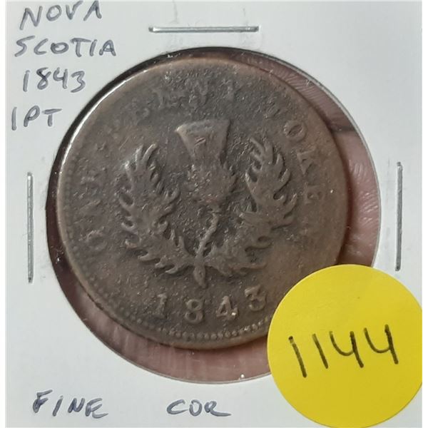 Nova Scotia 1843 1 Penny Pre-Confederation Token. Fine with Corrosion.