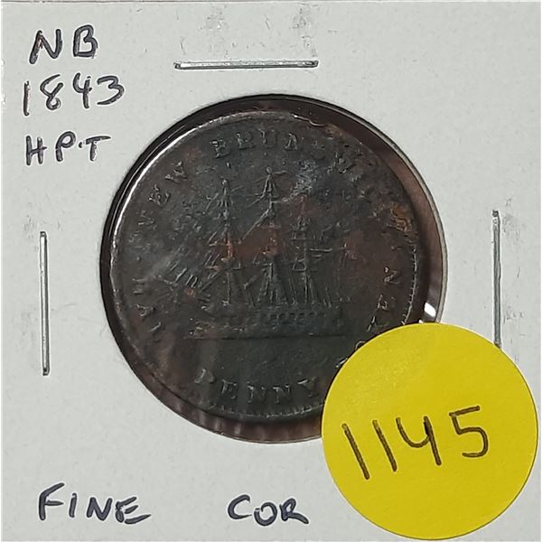 New Brunswick 1843 Half Penny Pre-Confederation Token. Fine with Corrosion.
