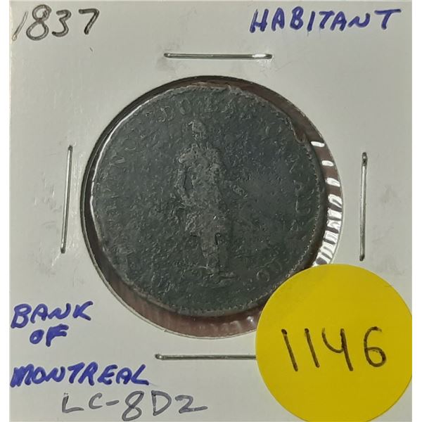 Lower Canada Bank of Montreal 1837 Habitant Half Penny Pre-Confederation Token. LC-8D2. VG with Corr
