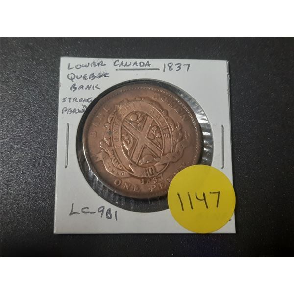 Lower Canada Quebec Bank 1837 1 Penny Pre-Confederation Token. Strong Ground. Period. LC-9B1. Fine.