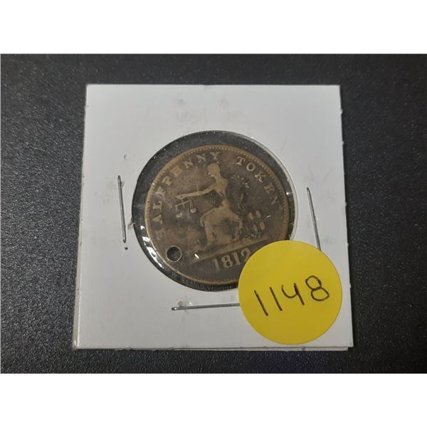 Upper Canada 1812 Half Penny Pre-Confederation Token. VG with hole.