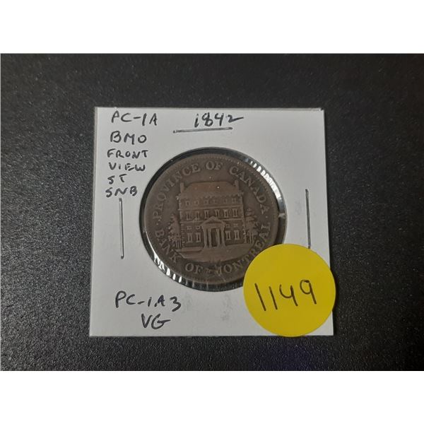 Province of Canada 1842 Half Penny Pre-Confederation Token. Bank of Montreal Side View. PC-1A3. VG.