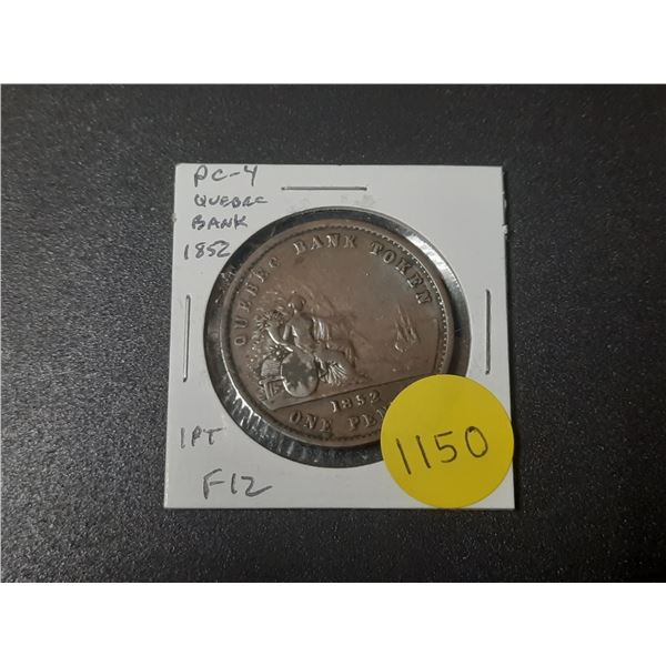 Province of Canada 1852 1 Penny Pre-Confederation Token. Quebec Bank. PC-4. Fine.