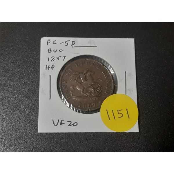 Province of Canada 1857 Half Penny Pre-Confederation Token. St. George slaying a Dragon. PC-5D. VF20