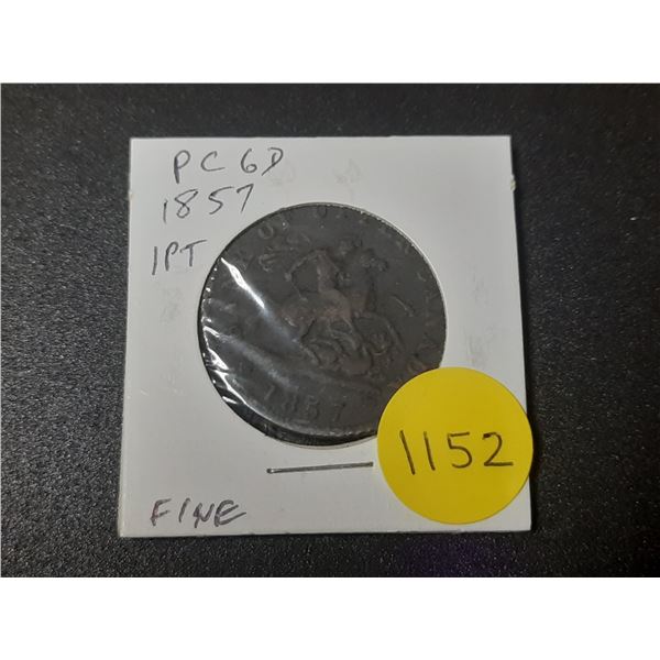 Province of Canada 1857 1 Penny Pre-Confederation Token. St. George slaying a Dragon.  PC-6D Fine.