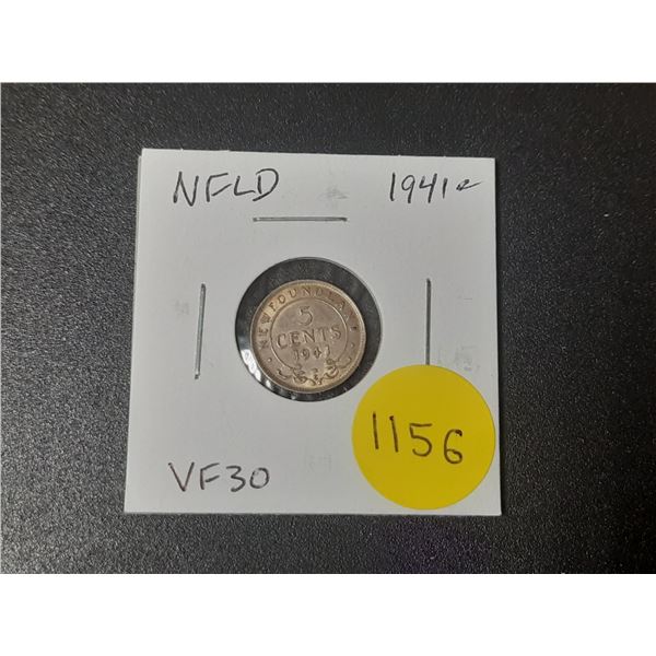 Newfoundland. 1941c Silver 5 Cents. Minted in Ottawa because of World War II. VF30.