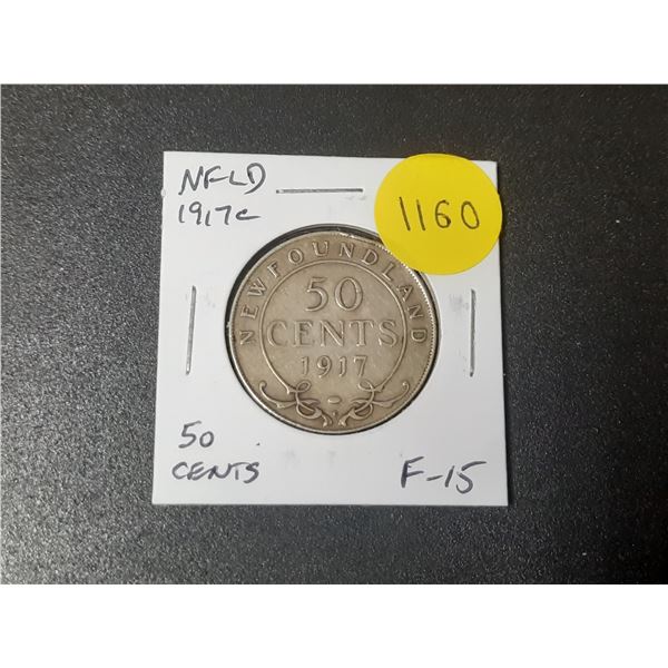 Newfoundland. 1917c Silver 50 Cents. Minted in Ottawa because of World War I. F15.