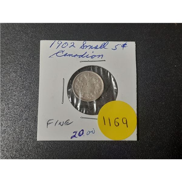1902 Canadian Silver 5 Cents.  First issue for King Edward VII. Fine.
