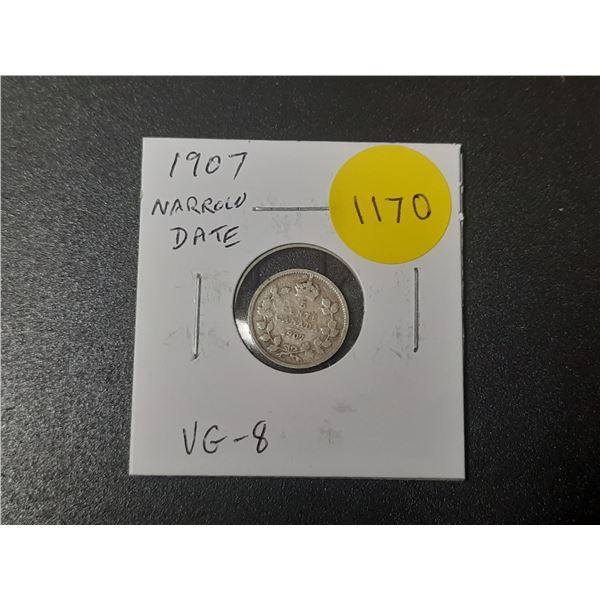 1907 Narrow Date Canadian Silver 5 Cents. VG8.