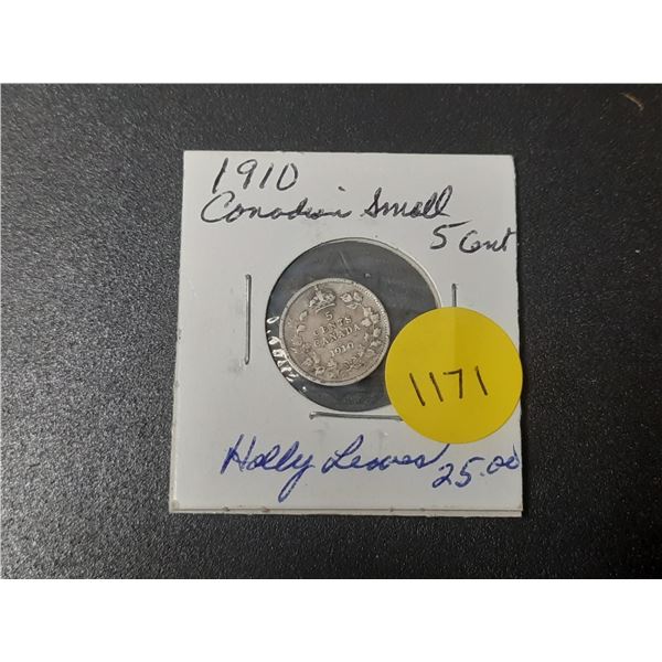 1910 Canadian Silver 5 Cents. Last issue for King Edward VII. VG.