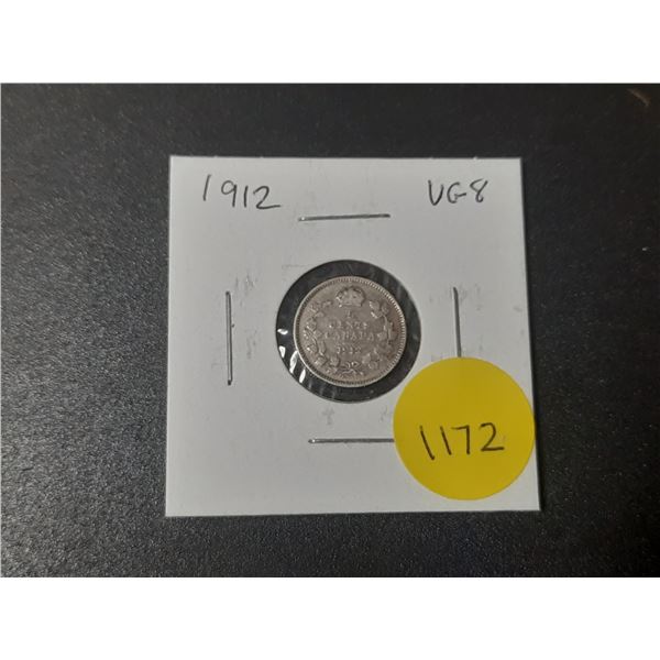 1912 Canadian Silver 5 Cents. VG8.