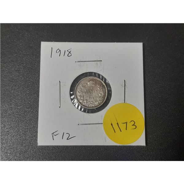 1918 Canadian Silver 5 Cents. Issued during the last year of World War I. F12.