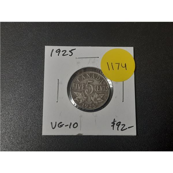 1925 Canadian Nickel 5 Cents. VG-10. Key Date.