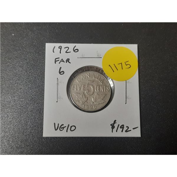 1926 Far 6 Canadian Nickel 5 Cents. VG10. Key Date.
