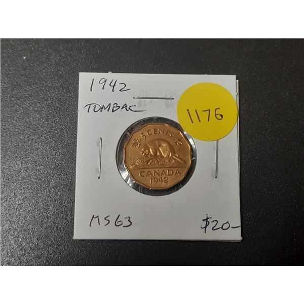 1942 Tombac 5 Cents. Beaver. The first of 2 Tombacs issued. MS63.