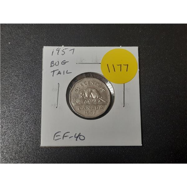 1957 Bug Tail Nickel 5 Cents. There is a small Die Chip on the end of the Beaver’s Tail tha