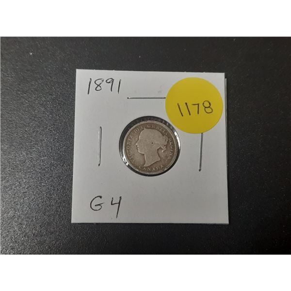 1891 Canadian Victorian Silver 10 Cents. G4.