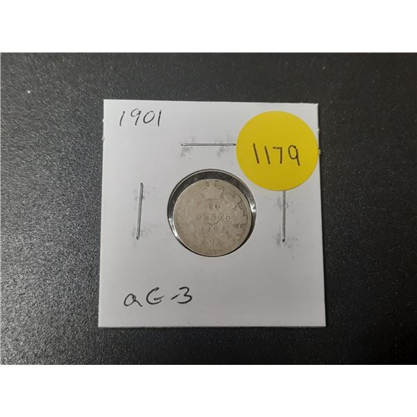 1901 Canadian Victorian Silver 10 Cents. aG3 with readable date.
