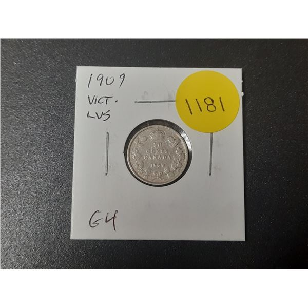 1909 Victorian Leaves Canadian Silver 10 Cents. G4.