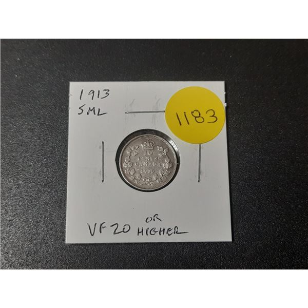 1913 Small Maple Leaves Canadian Silver 10 Cents. VF20 or higher.